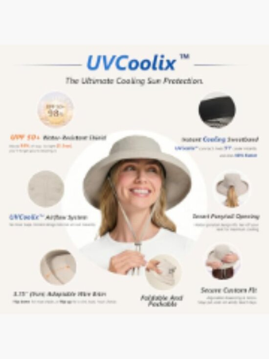 Cooling Sun Hat UPF 50+ Wide Brim Ponytail Hole Water Resistant Packable